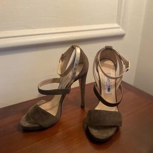 JIMMY CHOO heels. Olive green suede and platinum details. Size 37 (US size 6.5)
